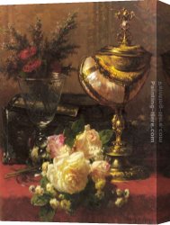 Goblet Canvas Paintings - A Bouquet of Roses and other Flowers in a Glass Goblet with a Chinese Lacquer Box and a Nautilus Cup on a red Velvet draped Table by Jean-Baptiste Robie