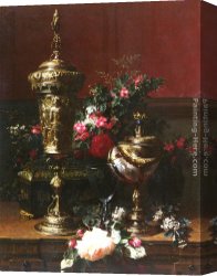 Goblet Canvas Paintings - A Still Life With A German Cup, A Nautilus Cup, A Goblet An Cut Flowers On A Table by Jean-Baptiste Robie