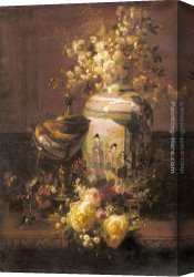 Jean-baptiste Canvas Paintings - Still Life With Japanese Vase And Flowers by Jean-Baptiste Robie