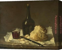 Bottle Canvas Paintings - Still Life with Bottle, Glass And Loaf by Jean Baptiste Simeon Chardin