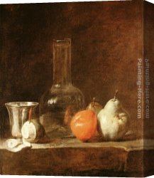 Goblet Canvas Paintings - Still Life with Carafe, Silver Goblet and Fruit by Jean Baptiste Simeon Chardin
