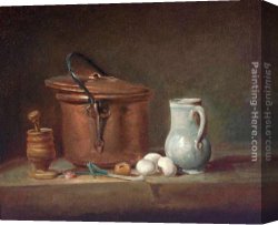 Jean-baptiste Canvas Paintings - Still Life with Copper Pan and Pestle and Mortar by Jean Baptiste Simeon Chardin