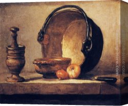 Palette Knife Canvas Paintings - Still Life with Pestle, Bowl, Copper Cauldron, Onions and a Knife by Jean Baptiste Simeon Chardin