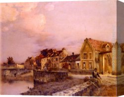 Village Street And Stairs with Figures Canvas Paintings - Figures At The Village Pond, Sunset by Jean-Charles Cazin