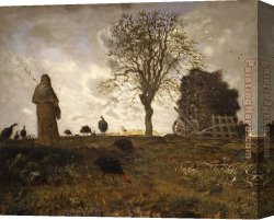 An Autumn Landscape with Cows Near a Stream Canvas Paintings - Autumn landscape with a flock of Turkeys by Jean Francois Millet