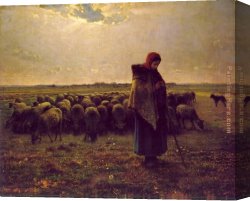 A Shepherd And His Dog Guarding a Flock of Sheep Canvas Paintings - Shepherdess with her flock by Jean Francois Millet