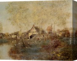 Raffaelli Canvas Paintings - Feeding the Ducks Along the Canal by Jean Francois Raffaelli