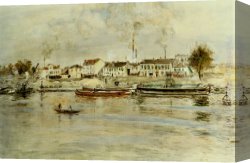 Raffaelli Canvas Paintings - La Seine a Suresnes, Issy-les-Mouleneaux by Jean Francois Raffaelli