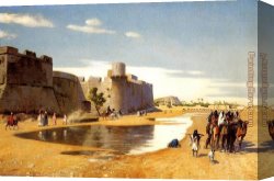 Spanish Town Canvas Paintings - An Arab Caravan outside a Fortified Town, Egypt by Jean-Leon Gerome