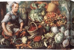 Poultry in The Undergrowth Canvas Paintings - Market Woman with Fruit, Vegetables and Poultry by Joachim Beuckelaer