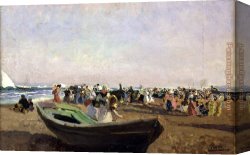 Port of Valencia Canvas Paintings - Beach of Valencia. Fisherwomen by Joaquin Sorolla y Bastida