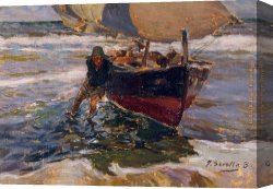 Joaquin Sorolla Y Bastida Canvas Paintings - Beaching the Boat by Joaquin Sorolla y Bastida