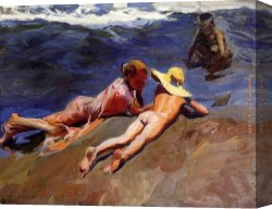 Port of Valencia Canvas Paintings - On the Sand Valencia Beach by Joaquin Sorolla y Bastida