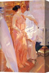 Joaquin Sorolla Y Bastida Canvas Paintings - The Pink Robe by Joaquin Sorolla y Bastida