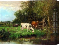 Calves Watering Canvas Paintings - Cows Watering In A Meadow by Johan Frederik Cornelis Scherrewitz