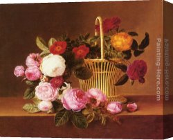 Basket Canvas Paintings - A Basket Of Roses On A Ledge by Johan Laurentz Jensen