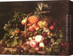 Tunas Still Life with Prickly Pear Fruit Canvas Paintings - A Still Life Of A Basket Of Fruit And Roses by Johan Laurentz Jensen