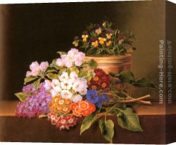 Stephen Shortridge Lilacs Canvas Paintings - Apple Blossoms, Lilac, Violas, Cornflowers and Primroses on a Ledge by Johan Laurentz Jensen