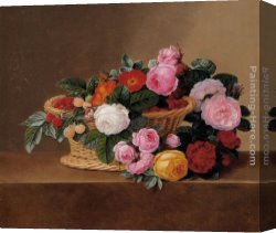 Basket Canvas Paintings - Basket of Roses by Johan Laurentz Jensen