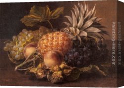 Apples Peaches Pears And Grapes Canvas Paintings - Grapes, a Pineapple, Peaches and Hazelnuts in a Basket by Johan Laurentz Jensen