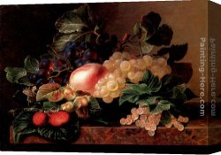 Still Life with Grapes, a Peach, Plums And a Pear on a Table with a Wine Glass And a Flask Canvas Paintings - Grapes, Strawberries, a Peach, Hazelnuts and Berries in a Bowl on a marble Ledge by Johan Laurentz Jensen