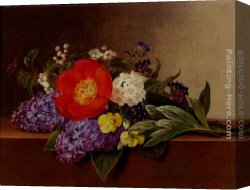 Stephen Shortridge Lilacs Canvas Paintings - Lilacs, Violets, Pansies, Hawthorn Cuttings, And Peonies On A Marble Ledge by Johan Laurentz Jensen