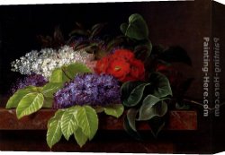 Stephen Shortridge Lilacs Canvas Paintings - White and purple Lilacs, Camellia and Beech Leaves on a marble Ledge by Johan Laurentz Jensen
