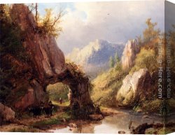 Highland Cattle Grazing by a Mountain Stream Canvas Paintings - A Mountain Valley With A Peasant And Cattle Passing Along A Stream by Johann Bernard Klombeck