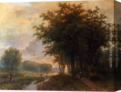Prospecting for Cattle Range Canvas Paintings - A Wooded River Valley With Peasants On A Path, Cattle In A  Meadow Beyond by Johann Bernard Klombeck