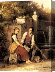 Johann Canvas Paintings - At the Well by Johann Georg Meyer von Bremen