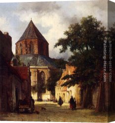 A Dutch Town Scene in Winter Canvas Paintings - Figures In The Streets Of A Dutch Town, A Church In The Background by Johannes Bosboom