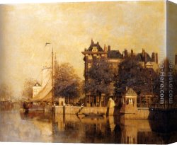 Amsterdam Canvas Paintings - Moored Sailing Vessels Along A Quay, Amsterdam by Johannes Christiaan Karel Klinkenberg