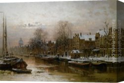 Amsterdam Canvas Paintings - Snow covered barges on the Singel Amsterdam by Johannes Christiaan Karel Klinkenberg