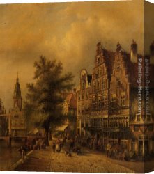 Busy Canvas Paintings - A Busy Dutch Street by Johannes Franciscus Spohler