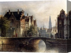 Amsterdam Canvas Paintings - Capricio Sunlit Townviews In Amsterdam (Pic 1) by Johannes Franciscus Spohler