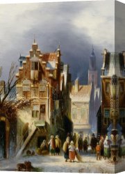 A Dutch Town Scene in Winter Canvas Paintings - Figures in a Wintry Dutch town by Johannes Franciscus Spohler