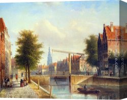 View of a Riverside Dutch Town Canvas Paintings - View of a town with figures strolling on a quay by Johannes Franciscus Spohler