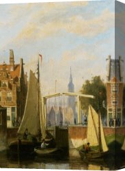 View of a Riverside Dutch Town Canvas Paintings - Boats on a Canal in a Dutch Town by Johannes Frederik Hulk
