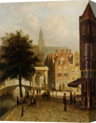 View of a Riverside Dutch Town Canvas Paintings - Villagers in the Streets of a Dutch Town by Johannes Frederik Hulk