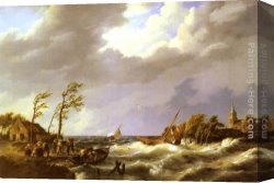 Rescue Canvas Paintings - Dutch Fishing Vessel caught on a Lee Shore with Villagers and a Rescue Boat in the foreground by Johannes Hermanus Koekkoek