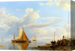 Coming Canvas Paintings - Figures Coming Ashore in a Calm by Johannes Hermanus Koekkoek