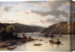 Lord Rivers' Roan Mare in a Landscape Canvas Paintings - A Rhenish River Landscape With Fishermen In A Boat And Washerwomen On A Bank by Johannes Hilverdink