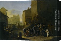 Peasant Canvas Paintings - A Roman Market Scene with Peasants Gathered around a Stove by Johannes Lingelbach