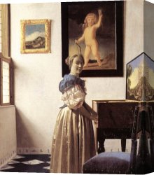 Standing Canvas Paintings - Lady Standing at a Virginal by Johannes Vermeer