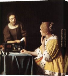 Johannes Vermeer Canvas Paintings - Lady with Her Maidservant Holding a Letter by Johannes Vermeer