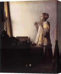 Johannes Vermeer Canvas Paintings - Woman with a Pearl Necklace by Johannes Vermeer