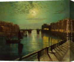 Harbor, Canvas Paintings - Whitby Harbor by Moonlight by John Atkinson Grimshaw