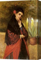 Spanish Town Canvas Paintings - A Spanish Beauty in a Red and Black Lace Shawl by John Bagnold Burgess