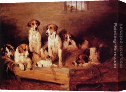 John Emms Canvas Paintings - Foxhounds and Terriers in a Kennel by John Emms