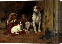 John Emms Canvas Paintings - Hounds And A Jack Russell In A Stable by John Emms